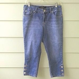 Nine West Women's Blue Cropped Jeans 3 Metal Buttons on outer Leg Bottoms SZ 8P